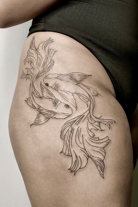 Large fineline koi fish tattoo on hip. Click to see it on @ken.tatts on Instagram Hip Tattoos Koi Fish, Koi Fish Tattoo Hip Thigh, Thigh Fish Tattoo, Koi Hip Tattoos Women, Koi Tattoo Thigh, Koi Fish Hip Tattoos Women, Koi Fish Tattoo On Hip, Koi Hip Tattoo, Lotus And Koi Fish Tattoo