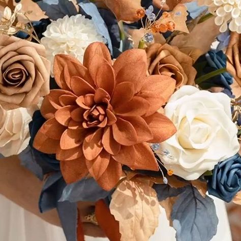 Ling's Moment | Artificial Floral & Wedding Decor on Instagram: "Meet our newest color collection: Russet Orange & Denim Blue. This rustic collection combines the warmth of autumn light with brisk fall air to create an earthy, relaxed vibe for your dream wedding day. Tell us, how would you plan a wedding with this gorgeous color palette? 🍁🌺 . . . . . #lingsmoment #lingsbrides #artificialflower #flowerdecoration #eventflowers #weddingflowers #weddingtime #usawedding #weddingtable #weddingplann Rustic Blue And Orange Wedding, Slate Blue And Orange Wedding, Steel Blue And Orange Wedding, Blue And Rust Bouquet, Russet Orange And Denim Blue Wedding, Rustic Modern Wedding, Autumn Rose, Floral Wedding Decorations, Autumn Lights