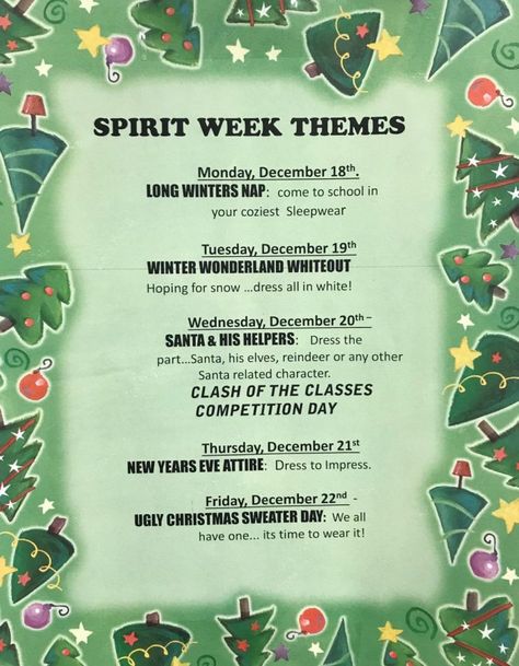 GET INTO THE HOLIDAY SPIRIT WEEK – The Slater Holiday Spirit Week, Spirit Week Themes, Spirit Day Ideas, School Spirit Week, Homecoming Spirit Week, School Spirit Days, Spirit Day, St Gerard, Homecoming Spirit