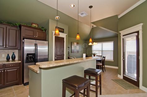 Modern Kitchen with Sage Green Walls. Modern Kitchen with Stainless steel refrig #Sponsored , #Paid, #Affiliate, #Kitchen, #Green, #steel, #Sage Green Walls With White Trim, Sage Green Kitchen Walls, Kitchen Cabinet Color Schemes, Green Kitchen Walls, Brown Kitchen Cabinets, Sage Green Kitchen, Earthy Home Decor, Kitchen Design Color, Brown Cabinets