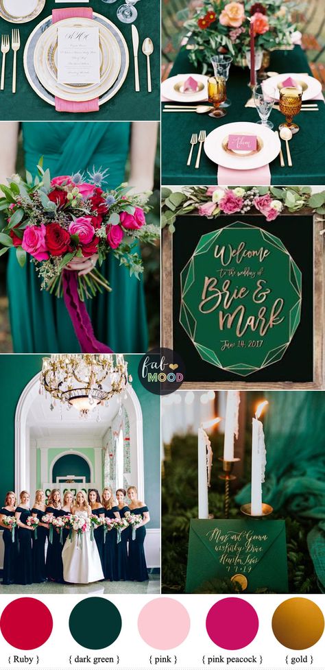 Dark Green Pink Ruby and Gold Color Palette for Autumn & Winter #color #colorpalette #winter #autumn Wedding Colors Green, Emerald Wedding Colors, Gold Color Palette, Wedding Color Scheme, Wedding Color Combinations, Pink Wedding Colors, Pink Wedding Inspiration, Green Themed Wedding, Elegant Wedding Inspiration