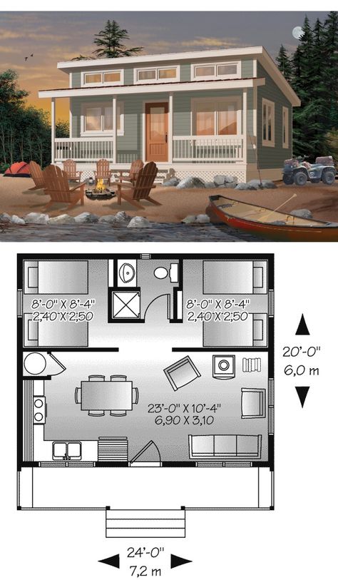 480 sq ft -- The Watervista - A cottage/cabin style home with 2 bedrooms, 1 full bath. Lots of windows to give the inside an open, airy feel, with the covered porch shading the front in the summer to keep it from getting too hot. Sloped roof would allow for water collection to rain barrels. HOUSE PLAN 592-032D-0709 Cabin Style Home, Getaway House, Cabin Style Homes, Vacation House Plans, Small House Floor Plans, Casas The Sims 4, Sims House Plans, Tiny House Floor Plans, Vacation House