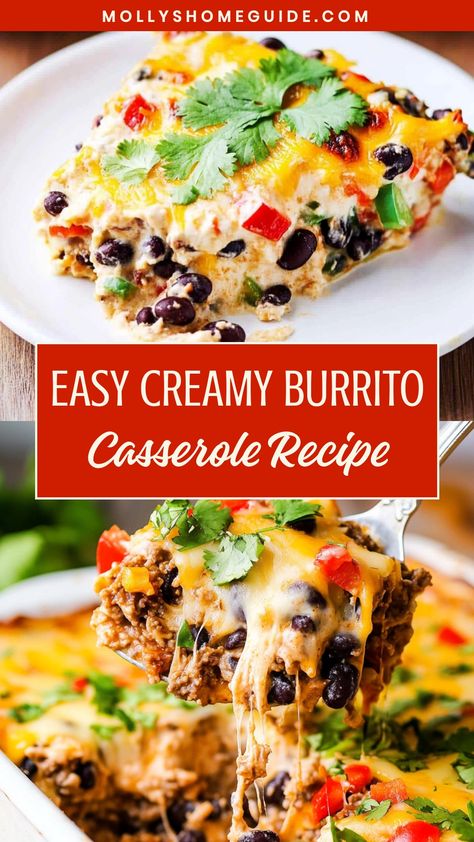 Looking for a satisfying dish to warm up your dinner table? Try this delicious, creamy burrito casserole recipe that is sure to become a family favorite. Packed with flavorful ingredients like seasoned ground beef, refried beans, cheese, and spices all layered between soft tortillas and baked to perfection. This easy-to-make casserole is perfect for busy weeknights or gatherings with friends and family. Mexican Burrito Casserole, Sheet Pan Burritos, Best Mexican Casserole Recipes, Mexican Casserole With Ground Beef, Easy Burrito Casserole, Burittos Recipes Easy, Mexican Casserole With Beef, Ground Beef Burritos, Burrito Casserole Recipe