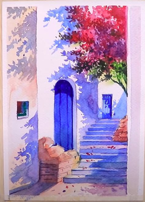 Whimsical Canvas Painting Ideas for Beginners Canvas Painting Ideas For Beginners, Greece Painting, Watercolor Paintings Nature, Painting Ideas For Beginners, Home And Decor, Watercolor Architecture, Canvas Painting Ideas, Travel Landscape, Diy Watercolor Painting