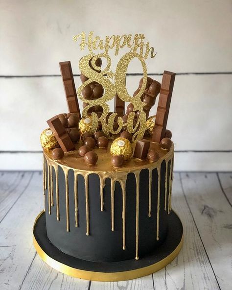 Chocolate Drip Cake Birthday, Boys 18th Birthday Cake, Black And Gold Birthday Cake, Black And Gold Birthday, 25th Birthday Cakes, 70th Birthday Cake, 80 Birthday Cake, Chocolate Cake Designs, Gold Birthday Cake