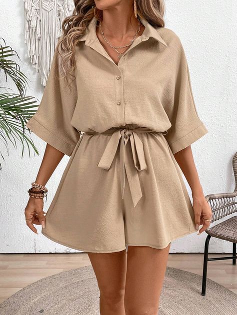 SHEIN VCAY Women's Shirt Collar Texture Fabric Casual Loose Jumpsuit For VacationsI discovered amazing products on SHEIN.com, come check them out! Late Summer Outfits, Jumpsuit Short, Party Ladies, Loose Jumpsuit, Stylish Summer Outfits, Texture Fabric, Fashion 2024, Short Jumpsuit, Shirt Collar