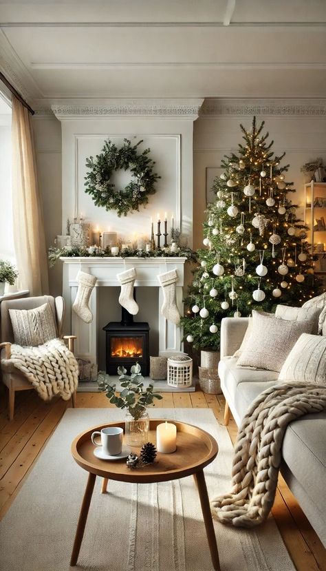 Go for a clean and modern look with a neutral color palette. Use simple decorations like white lights, metallic accents, and a stylishly adorned tree. A few carefully chosen ornaments can make a striking statement. Christmas Tree In Center Of Room, Modern Christmas Living Room Decor, Cozy Minimalist Christmas, Cosy Living Room Ideas Warm, Cosy Homes, Christmas Living Room Decor Ideas, Christmas Coffee Table Decor, Christmas Living Room Decor, Simple Decorations