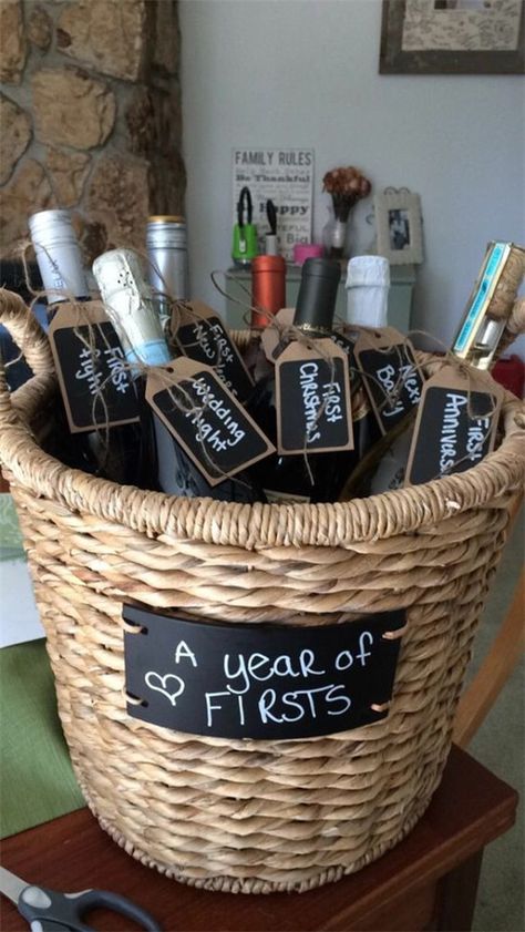 20+ Bridal Shower Favor Gifts Your Guests Will Like Wedding Wine Basket, Creative Bridal Shower Gifts, Bridal Shower Presents, Unique Bridal Shower Gifts, Bridal Shower Gifts For Bride, Brides Basket, Diy Wedding Gifts, Wine Baskets, Wine Gift Baskets