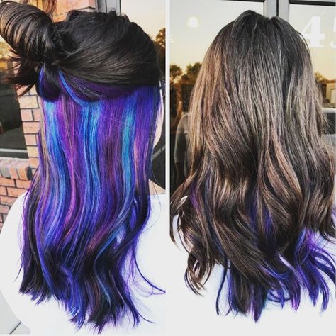 Purple, blue, green layered under natural brown hair. Blue Purple Hair, Hidden Hair Color, Peekaboo Hair Colors, Natural Brown Hair, Underlights Hair, Hair Color Underneath, Peekaboo Hair, Hair Color Streaks, Hair Streaks