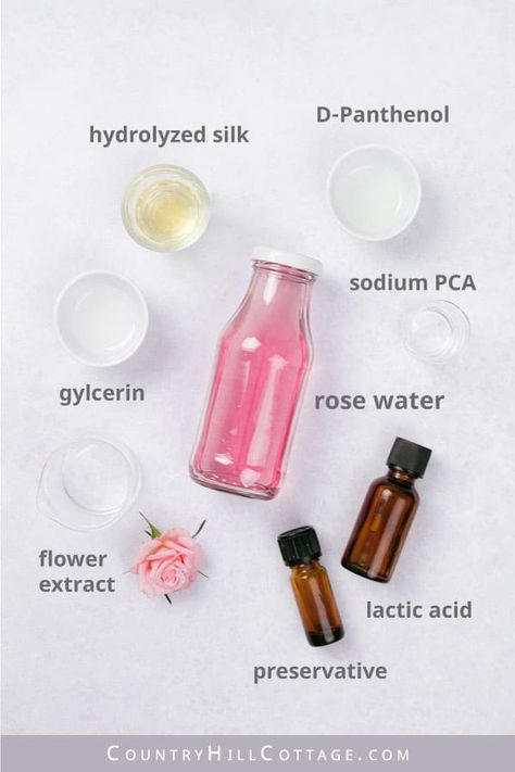 See how to make a simple soothing DIY rose water toner and learn the benefits for skin of rose toner. The easy homemade facial toner is made with natural ingredients, without witch hazel, apple cider vinegar (acv) or essential oils. The best fresh face toner is a great for natural skin care. The DIY face tonic is astringent and provides deep hydration. The toner is good for sensitive, dry, oily, combination, mature and normal skin. Inc tips for how to use and packaging. | CountryHillCottage.com Diy Rose Water Toner, Facial Toner Recipe, Toner Diy, Diy Skin Toner, Homemade Rose Water, Rose Water Diy, Rose Serum, Diy Natural Beauty Recipes, Diy Toner