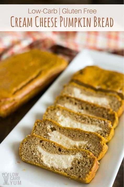 Low carb cream cheese pumpkin bread recipe Pumpkin And Cream Cheese Recipes, Cream Cheese Pumpkin Bread, Bread With Cream Cheese Filling, Pumpkin And Cream Cheese, Keto Halloween, Keto Pumpkin Bread, Cream Cheese Pumpkin, Pumpkin Cream Cheese Bread, Low Carb Pumpkin Recipes