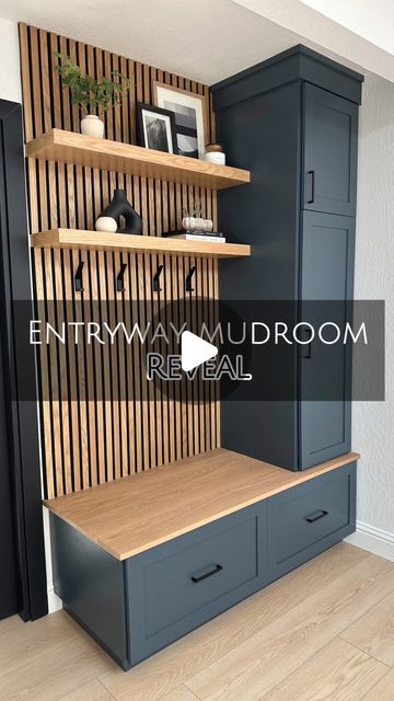 Natalie Park | DIY, Builds & Design on Instagram: "✨ ENTRYWAY MUDROOM REVEAL ✨

This space is officially done and I couldn’t be happier with how this custom build turned out! 🤩 I’m obsessed with the warm white oak contrasting with the rich dark blue/charcoal paint. It’s just too good! 

Every element of this entryway build is not just beautiful, but SO functional. From the deep white oak bench for sitting and putting shoes on, to the deep and shallow drawers for ALL the shoe storage, to the tall coat cabinet, to the additional storage cabinet above, to the floating shelves that can have extra baskets on, to the hooks for hanging bags, purses, and hats… I’d say it’s got it all 🙌🏻

Let me know what you think of this new addition to their entryway! 💙🤎🖤
.
.
.
.
.
#entrywaydesign #entrywa Mudroom Shelf Ideas, Shoe And Coat Cabinet Entryway, Entryway Cabinets Ideas, Mudroom Colour Ideas, Small Built In Drop Zone, Entry Storage Bench Ideas, Mudroom Drawer Bench, Mudroom Shoe Storage Bench, Mudroom Coat And Shoe Storage