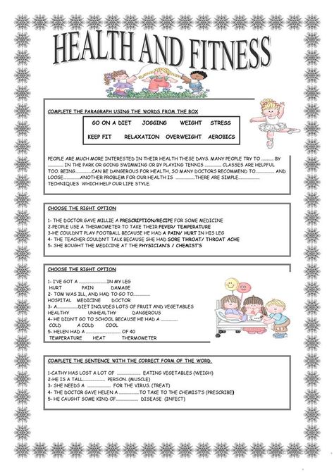 HEALTH AND FITNESS - English ESL Worksheets for distance learning and physical classrooms Kindergarten Geometry, Middle School Health, Health Worksheets, Health And Physical Education, Health Class, Free Kindergarten Worksheets, School Health, Health Activities, Esl Lessons