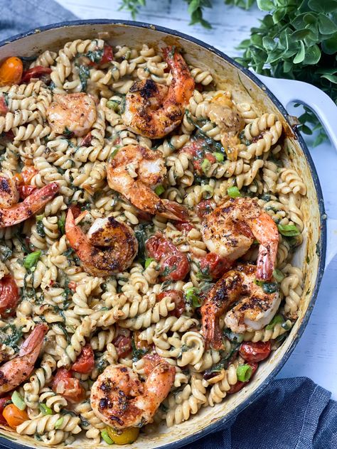 Cajun Shrimp Over Creamy Fusilli Pasta With Spinach & Roasted Tomatoes | Chef Allie's Kitchen Shrimp And Spinach Pasta, Creamy Cajun Pasta, Roasted Grape Tomatoes, Spinach Pasta Recipes, Salad With Chickpeas, Pasta With Spinach, Cast Iron Casserole Dish, Blueberry Salad, Cajun Pasta