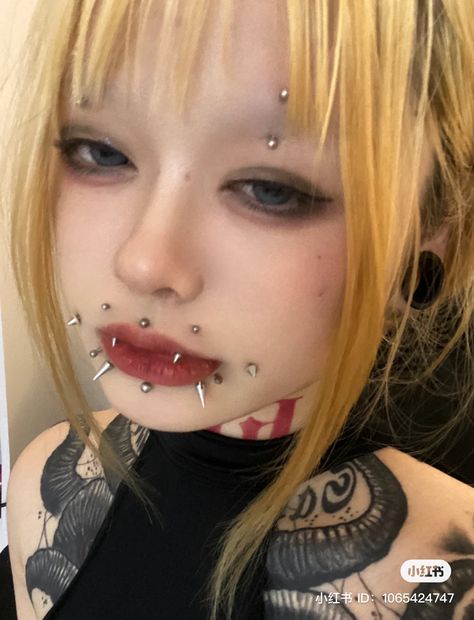 Face Peircings Name, Piercings All Over Face, Ear To Mouth Piercing Chain, People With Lots Of Piercings, Many Face Piercings, Lots Of Facial Piercings, Pericings Ideas Face, Piercing Art Drawing, Piercings Inspo Face