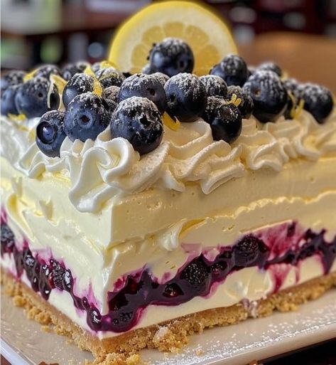 Yummy recipes - 🌟 Lemon Blueberry Shortbread Mousse Cake 🌟 Treat... | Facebook Blueberry Mousse Cake, Blueberry Shortbread, Blueberry Mousse, Shortbread Cake, Blueberry Desserts Recipes, Lemon Shortbread, Lemon Mousse, Blueberry Desserts, Slice Of Heaven