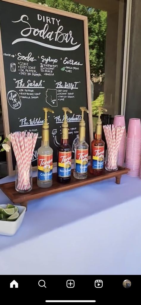 Drink Mixing Station, Drink Bar Non Alcoholic, Diy Drink Bar For Party, Drink Making Station, Wedding Soda Station, Soda Bar Ideas Drink Stations, Soda Station Drink Bar, Grad Party Drink Station, Shirley Temple Bar Grad Party