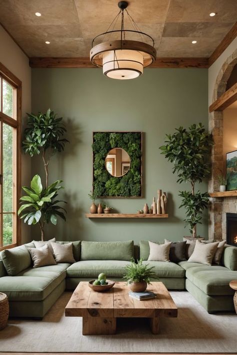 Minimalist decor focuses on simplicity, Living Room Green Aesthetic, Minimalist Living Room Colorful, Green Sofa Green Wall, Living Room Snug, Biophilic Design Interiors Living Rooms, Living Room Inspiration Paint Colors, Green And Wood Living Room, Plants In Living Room Ideas, Green Wall Living Room