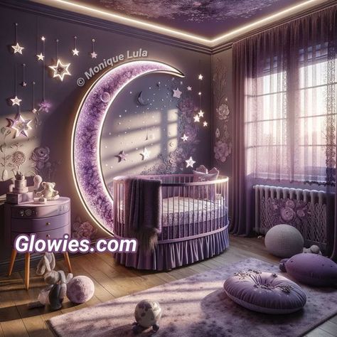 Purple Nursery Ideas, Moon Baby Nursery, Purple Baby Rooms, Celestial Nursery, Purple Nursery Girl, Monique Lula, Baby Grinch, Purple Nursery