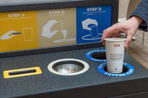 There should be more coffee cup recycling bins around, what an awesome idea! #coffee #NYC Recycling Station, Recycle Design, Disposable Coffee Cups, Leisure Space, Retail Signage, Cafe Cup, Coffee Carts, Recycling Programs, Trash Bins