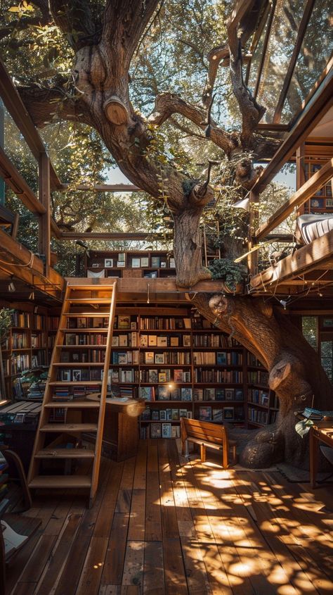 #library #treehouse #booklovers #dreamlibrary Book House Aesthetic, Inside A Tree House, House Inside Tree, Dream Home Library Aesthetic, House With Tree Inside, Home Libraries Ideas, Treehouse Aesthetic Inside, Dream House Forest, Nordic Library