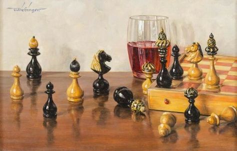 EICHINGER Oswald - Chess still-life Chess Still Life, Anatoly Karpov, Chess Pieces, Surreal Art, On Board, Art Classes, Chess, Surrealism, Still Life