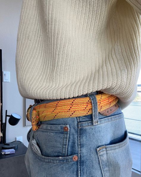 Upcycling old climbing ropes from @movementgymsportland into belts. I had this idea after seeing a similar project, but I wanted mine to keep the inner rope and the overall resemblance of a climbing rope. I’m beginning to lean into the creative design process and its felt incredibly rewarding, but I’ll likely take a long break from textile design as I’m entering a big transition period (travel & moving). This project took a lot of trouble shooting, like figuring out how to remove just a po... Old Climbing Rope Ideas, Rope Belt Outfit, Belt Upcycle, Climbing Fashion, Rope Sewing, Diy Belts, Rope Diy, Upcycle Repurpose, Rope Belt