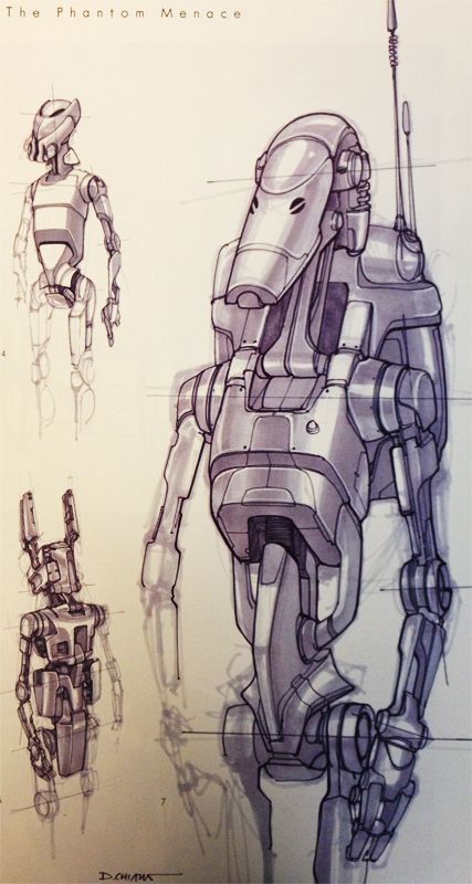 Star Wars - Battle Droid designs by Doug Chiang Doug Chiang Star Wars, Doug Chiang Concept Art, Battle Droid Art, Star Wars Robots, Starwars Sketch, Drone Sketch, Droid Design, Droid Star Wars, Star Wars Battle Droids