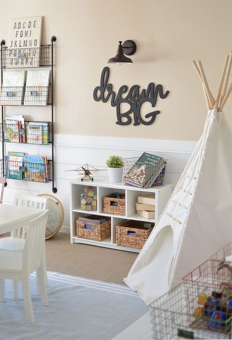 Vintage Farmhouse Decor in Living Room with Wooden Cutout Sign Neutral Playroom Ideas, Gender Neutral Playroom, Neutral Playroom, Diy Playroom, Daycare Room, Farmhouse Living Room Decor Ideas, Farmhouse Style Living Room, Room Wall Colors, Bedroom Minimalist