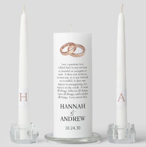 This modern yet traditional "Love Is" unity candle set with 1 Corinthians 13: 4-8, rose gold rings, the bride and groom's names, initials and the wedding date is ideal for the the candle lighting ceremony at any wedding. It has side candles for the mothers/parents to light and a central candle for the bride and groom to light. It's elegant, simple design will make using these candles at your ceremony an extra special moment for all present. And, they make a lovely keepsake. Candle Lighting Ceremony, Unity Candle Sets, Unity Candle, Love Never Fails, Love Is Patient, The Wedding Date, Candle Set, Simple Designs, Initials