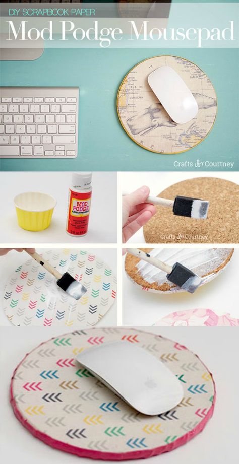 Use a cork round and your favorite scrapbook paper (along with Mod Podge) to make these easy and budget friendly DIY mouse pad! Diy Mouse Pad, Diy Mouse, Diy Scrapbook Paper, Diy Magnets, Mod Podge Crafts, Diy Spring, Diy Desk, Crafty Diy, Mod Podge