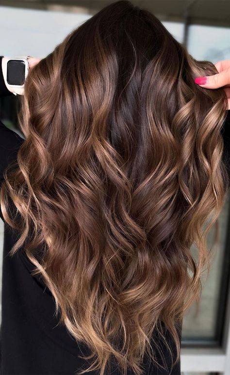 Coffee Hair Balayage, Coffee Brown Hair Balayage, Coffee Hair Color Highlights, Butterscotch Brown Hair Color, Milk Chocolate Brown Hair Balayage, Hazelnut Brown Hair Balayage, Milk Chocolate Toffee Hair Color, Wedding Hair Color Ideas Brunettes, Coffee Brown Balayage