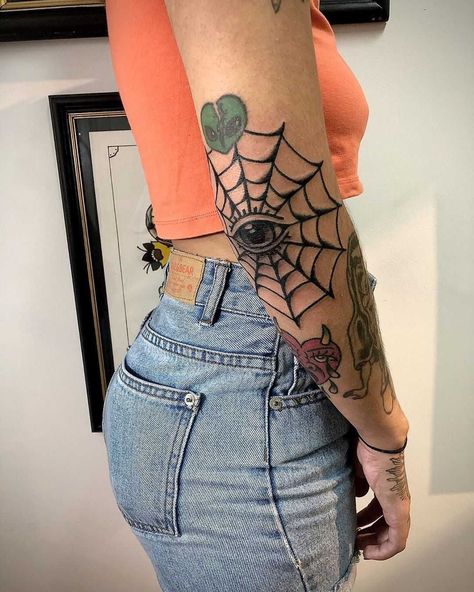 Web Elbow Tattoo, Tattoo On Elbow, Sunshine Tattoos, Small Wave Tattoo, Spider Web Tattoo, Mandala Tattoos, Elbow Tattoo, Tattoo Filler, Web Tattoo