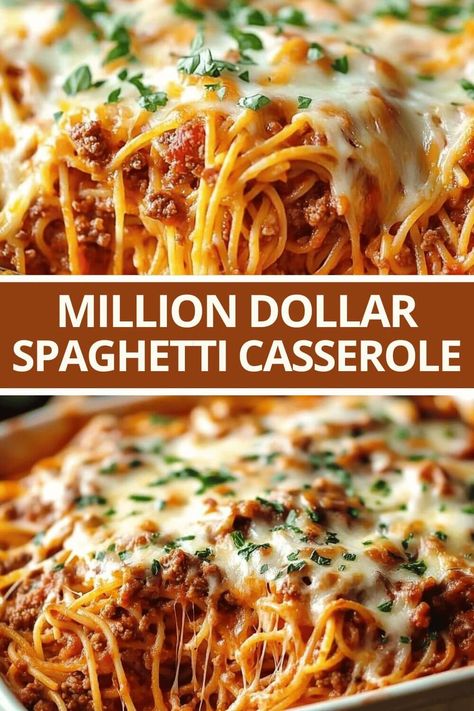 Million Dollar Spaghetti Casserole Easy Million Dollar Spaghetti Recipe, Million Dollar Spaghetti Allrecipes, Million Dollar Spaghetti With Meatballs, Millionaire Spaghetti Casserole, Easy Baked Spaghetti Recipe Ground Beef, Million Dollar Spaghetti With Cottage Cheese, Million Dollar Spaghetti Bake, Baked Spaghetti Freezer Meal, Spaghetti Dishes Ideas