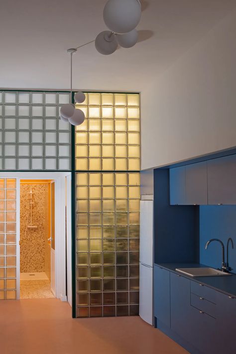 Is it time to rethink glass bricks? | House & Garden Madrid Apartment, Glass Brick, London House, Brick Colors, Studio Interior, Blue Kitchens, Updating House, Glass Blocks, Small Office