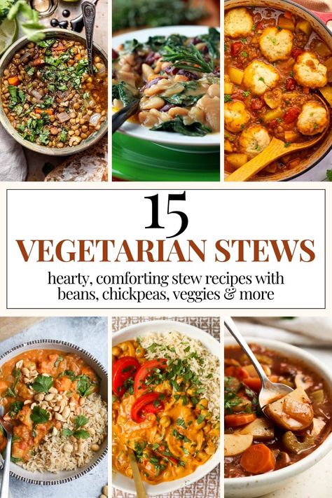 These hearty vegetarian stew recipes are comfort food heaven - no meat needed! From vegetarian stew with dumplings to slow cooker vegetarian stew, instant pot vegetarian stew and more, this selection of bean, chickpea, and veggie vegetarian stews has you covered. Hearty Vegetarian Soup Recipes, Vegetarian Hearty Meals, Hearty Veggie Soup, Vegetarian Instant Pot Soup, Vegetarian Slow Cooker Soup, Vegetable Stew Recipes Crockpot, Veggie Stew Crockpot, Vegetarian Stew Recipes Slow Cooker, Veg Stew Recipes