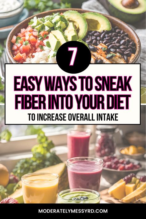 7 easy ways to sneak fiber into your diet and reach an overall intake! Getting enough fiber on a daily basis seems simple in context but it's hard to put into practice. I mean, there is a reason that 90% of Americans are not consuming the recommended dietary allowance for fiber. It is just that hard to do without careful planning, intention and time to make healthier meals and snacks. With these tips and tricks, you might find yourself being more aware of easy food swaps and additions. How To Get 25g Of Fiber A Day, Higher Fiber Meals, More Fiber In Diet, Ways To Get More Fiber, How To Add More Fiber To Your Diet, Daily Fiber Intake For Women, How To Add Fiber To Your Diet, Easy Whole Food Snacks, Food With Fiber