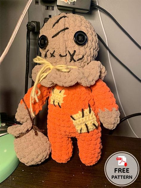 Samhain Trick R Treat, Halloween Crochet Pumpkin Patterns, Scary Movie Crochet Patterns, Crochet Pumpkin Doll Pattern Free, Crochet Sam Trick R Treat, Cute Trick Or Treat Ideas, Orange Yarn Crochet Ideas, Scary Crochet Patterns Free, Crochet Halloween Dolls Free Pattern