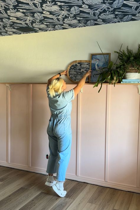 Easy DIY Board and Batten Wall with Shelf - Blushing Bungalow | So Cute You'll Blush ☺️ Board And Batten Wall With Windows, Board And Batten Wall With Shelf, Batten Wall With Shelf, Simple Board And Batten Wall, Simple Board And Batten, Blushing Bungalow, Diy Board And Batten Wall, Board And Batten Accent Wall, Batten Accent Wall