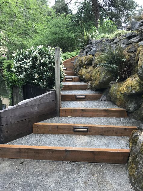 Outside Steps, Outside Stairs, Sloped Backyard Landscaping, Landscape Stairs, Landscaping On A Hill, Landscape Steps, Backyard Design Ideas, Sloped Backyard, Landscaping Retaining Walls