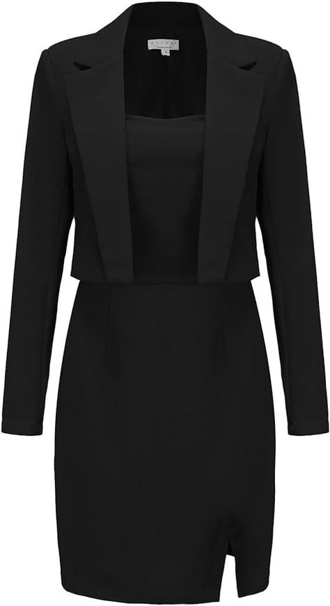 Amazon.com: EXLURA Women's 2024 Fall Business Blazer Suit Sets and Adjustable Straps Split Mini Dress Two Piece Work Office Outfits Black : Clothing, Shoes & Jewelry Work Office Outfits, Black Suit Dress, Fall Business, Business Casual Blazer, Short Blazer, Womens Suits, Dress Sets, Lightweight Blazer, Professional Wear