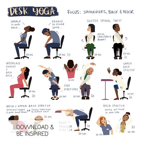 Yoga For Shoulders, Desk Yoga Poses, Desk Yoga, Office Yoga, Yoga Poses Names, Yoga Prints, Yoga Poster, Lower Back Pain Relief, Yoga Design