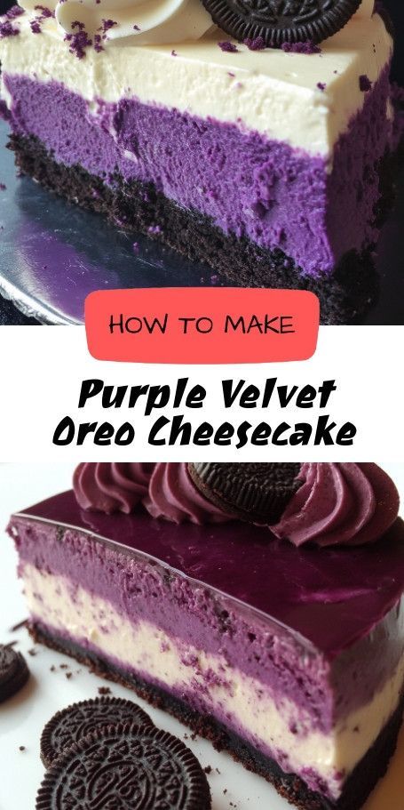 Purple Velvet Oreo Cheesecake Recipe | Indulgent Dessert Delight Discover the ultimate dessert indulgence with our Purple Velvet Oreo Cheesecake! This stunning treat blends creamy cheese, cocoa, and a vibrant purple hue, all crowned with a luxe white chocolate drip. Perfect for any celebration, it's a feast for both the eyes and taste buds. Get ready to wow your guests with this unforgettable homemade masterpiece! White Chocolate Drip, How To Make Purple, Oreo Cheesecake Recipe, Oreo Cheesecake Recipes, Chocolate Drip, Oreo Cheesecake, Creamy Cheese, Indulgent Desserts, Vibrant Purple