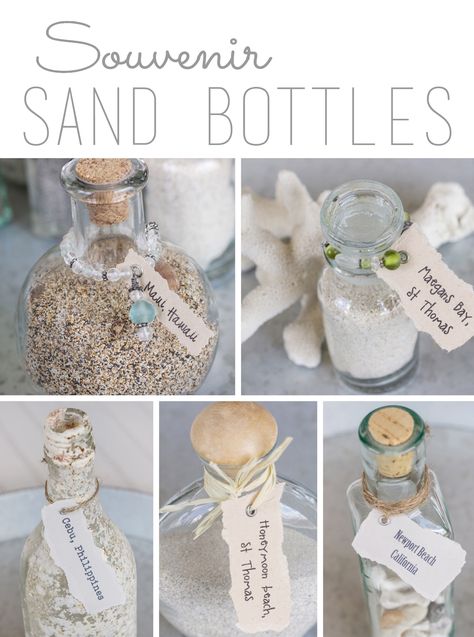 Beach Vacation Sand Bottles | Over the Big Moon Sand Bottles, Beach Keepsakes, Beach Souvenirs, Memory Jars, Crafts Table, Keepsake Ideas, Shells And Sand, Sand Collection, Big Moon