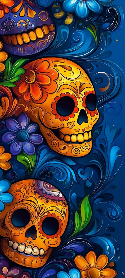 Unique Iphone Wallpaper Backgrounds, Day Of The Dead Wallpaper, Skull Background, Catrina Wallpaper, Pretty Skull Wallpaper Iphone Wallpapers, Sugar Skulls, Colorful Skeleton Wallpaper, Day Of The Dead Wallpaper Iphone, Day Of The Dead Background