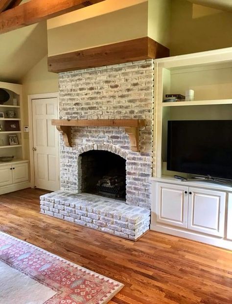 Romabio Limewash, Limewashed Brick, Limewash Brick, Lime Wash Brick, Fireplace Makeovers, White Wash Brick Fireplace, Red Brick Fireplaces, White Brick Fireplace, Traditional Family Room