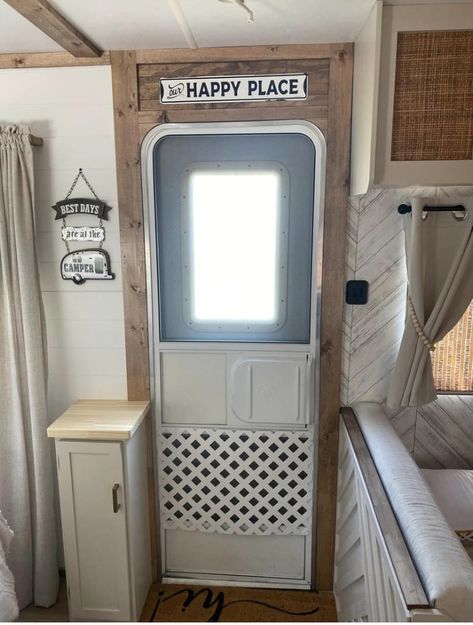 Old Rv Decorating Ideas, Redo Inside Of Camper, Pop Up Camper Door Makeover, Camper Door Remodel, Tiny Vintage Camper Remodel, 13 Ft Scamp Trailer Remodel, Vintage Camper Redo, Curtains Sheer, Camper Renovations