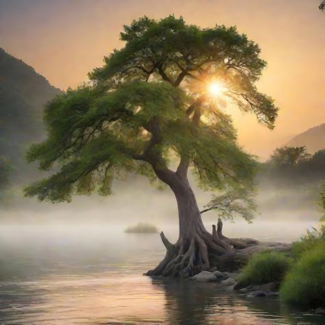 Photo majestic lone tree at riverside du... | Premium Photo #Freepik #photo Tree By River, Tree By Water, Riverside Landscape, Sunrise Images, Lone Tree, River Bank, Tree Images, Tall Trees, Tree Roots