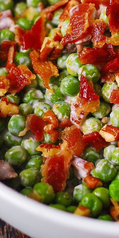 Holidays: Creamy Crunchy Pea Salad with Bacon and Pecans #Christmas #holidays #Christmassalad #Christmassidedish #holidaysalad #holidaysidedish #holidayrecipes #peas #bacon #crunchy #creamysalad #pecans Peas With Bacon, Crunchy Pea Salad, Peas And Bacon, Pea Salad With Bacon, Thanksgiving Side Dishes Healthy, Creamy Peas, Thanksgiving Food Sides, Christmas Salads, Pecan Salad