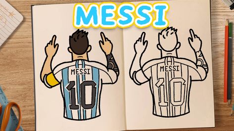 A sketchbook page with a simple coloured drawing of Lionel Messi the footballer in his Argentina kit, you can see the name on his shirt and his number 10. He is pointing to the sky in celebration, it's a how to draw guide Messi Drawing Easy Step By Step, How To Draw Messi Step By Step, How To Draw Messi, Lionel Messi Drawing, Messi Drawing, Draw And Colour, Football Drawing, Messi Videos, Learning To Draw